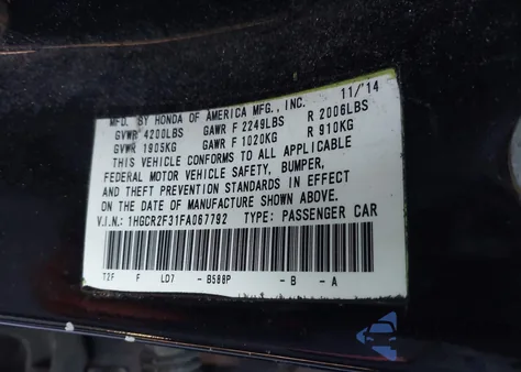 2015 Honda Accord Lx из США, поврежденный, VIN 1HGCR2F31FA067792